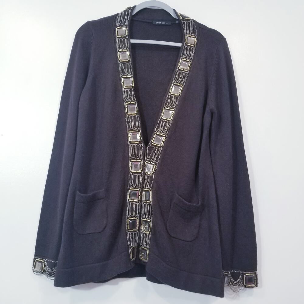 Dolce Cabo Knit Wool Cashmere Blend Chains Jeweled Cardigan
